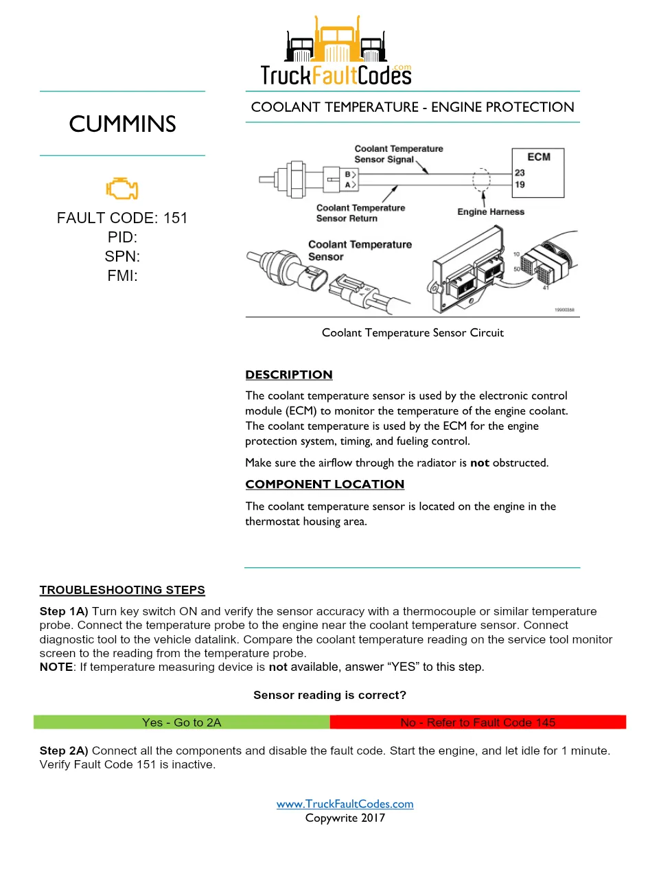 fault code 151 DTCs Document — Coolant Temperature Sensor - preview page 1 of 2
