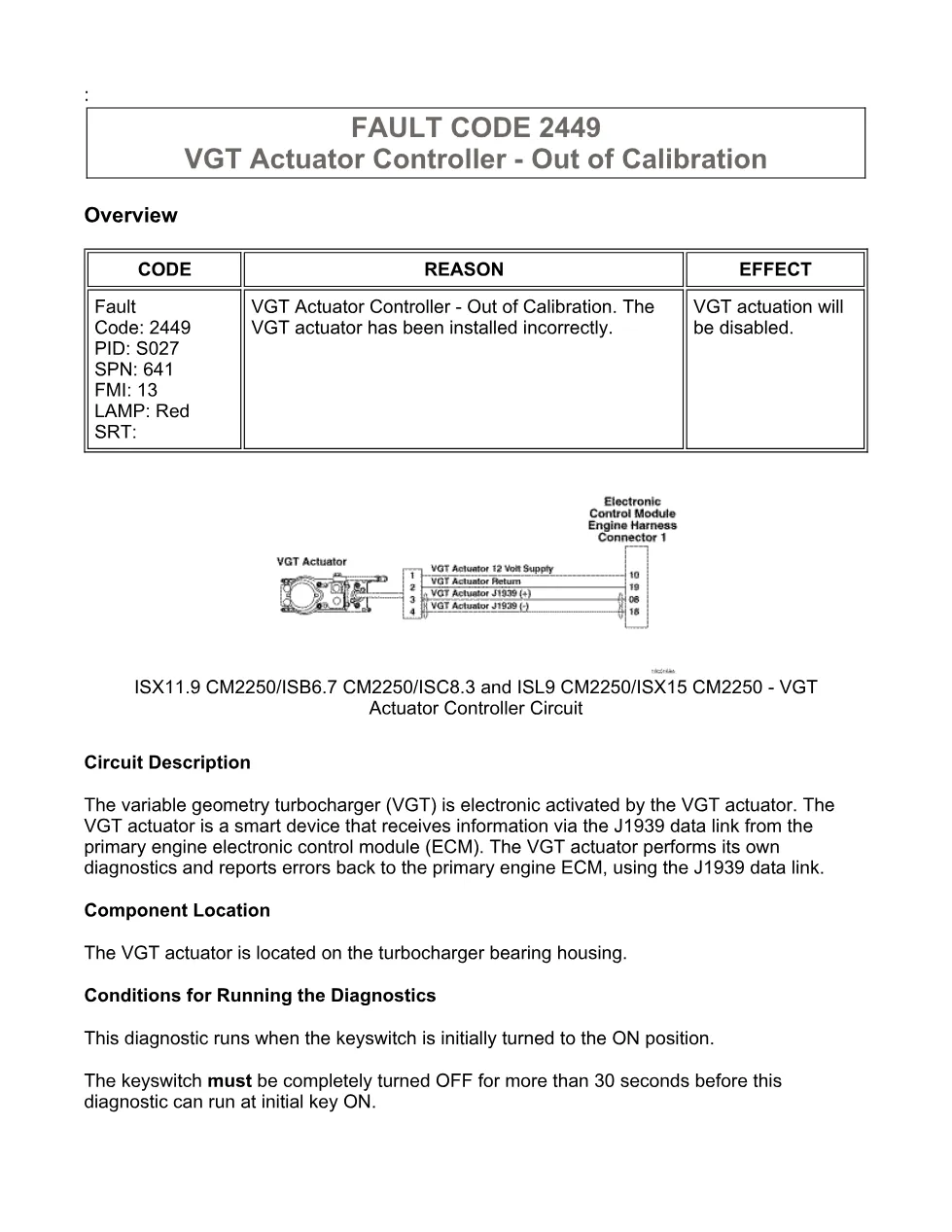 fault code 2449 DTCs — VGT Actuator Controller, SPN 641 FMI 13 - preview page 1 of 6