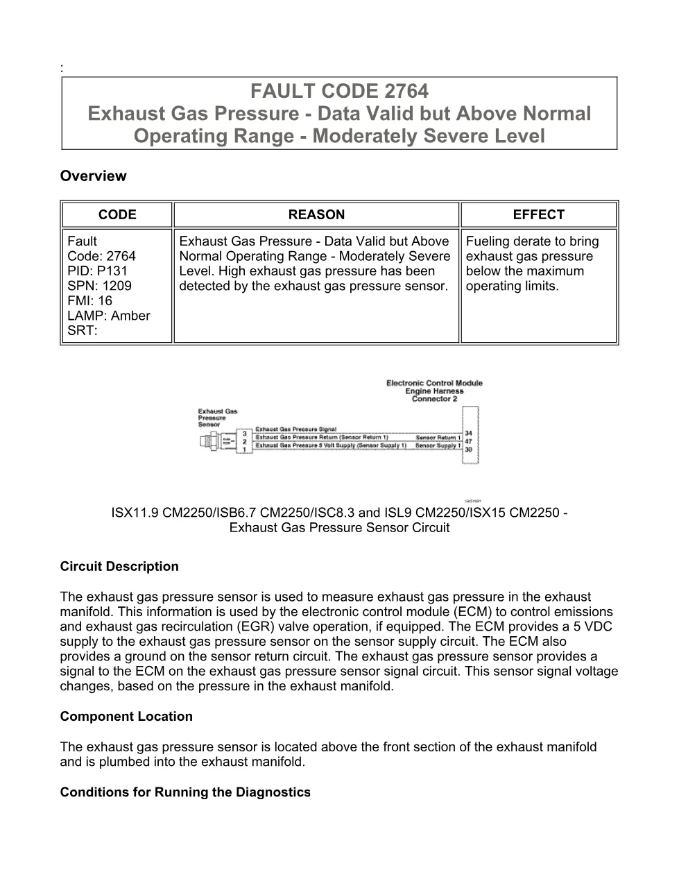 fault code 2764 DTCs — Exhaust Gas Pressure, SPN 1209 FMI 16 - preview page 1 of 6