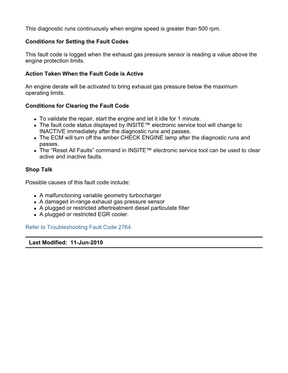 fault code 2764 DTCs — Exhaust Gas Pressure, SPN 1209 FMI 16 - preview page 2 of 6