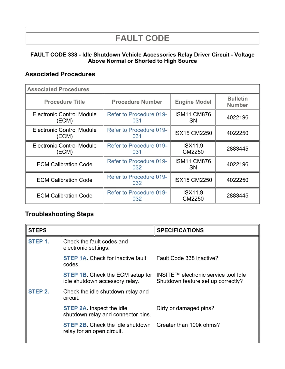 fault code 338 DTCs troubleshooting manual — ISX11.9 CM2250, - page 3 is available after signing in