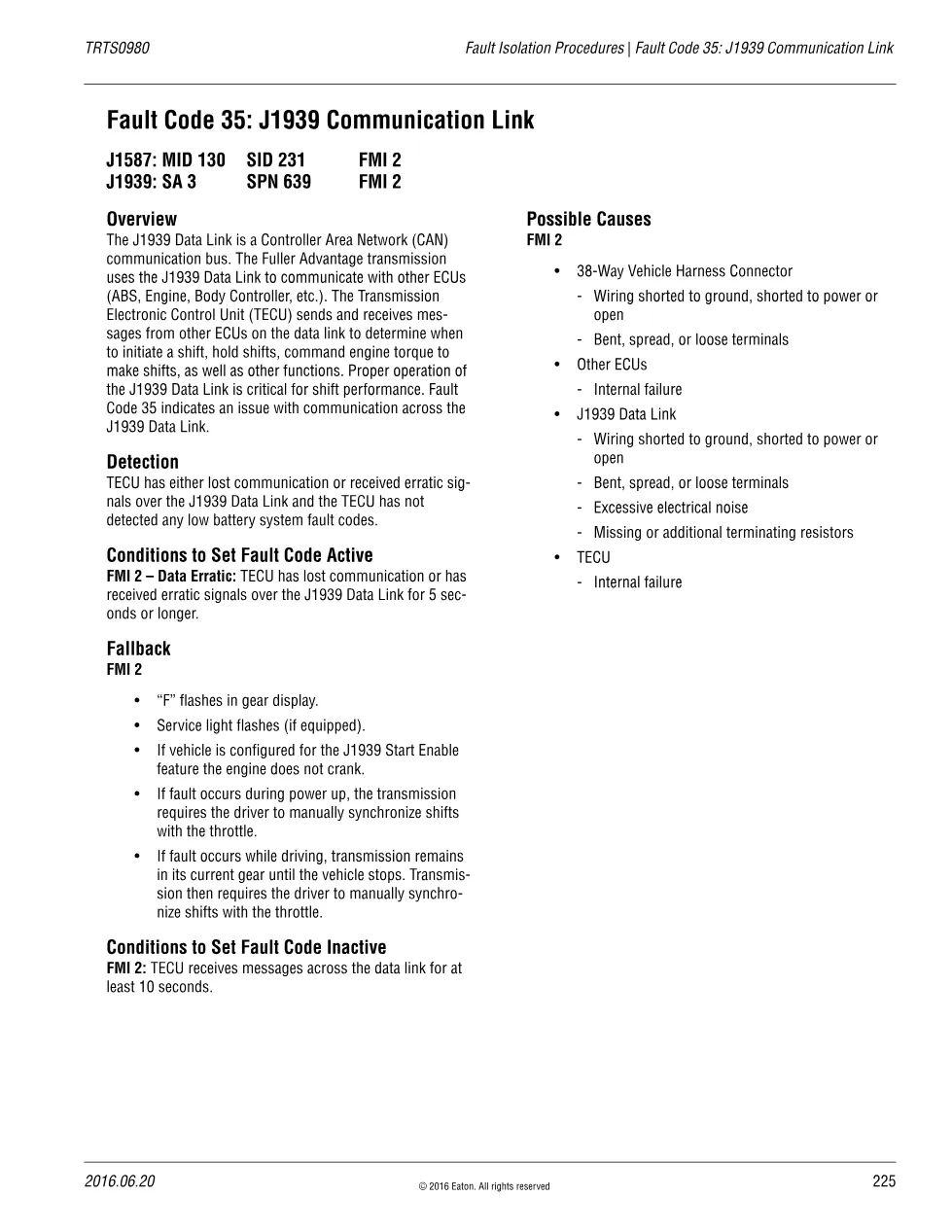 Fault Code 35 J1939 Communication Link — Eaton Fuller Advantage - preview page 1 of 3