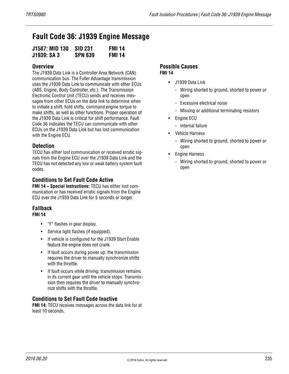 Fault Code 36 J1939 Engine Message — Eaton Fuller Advantage - preview page 1 of 3