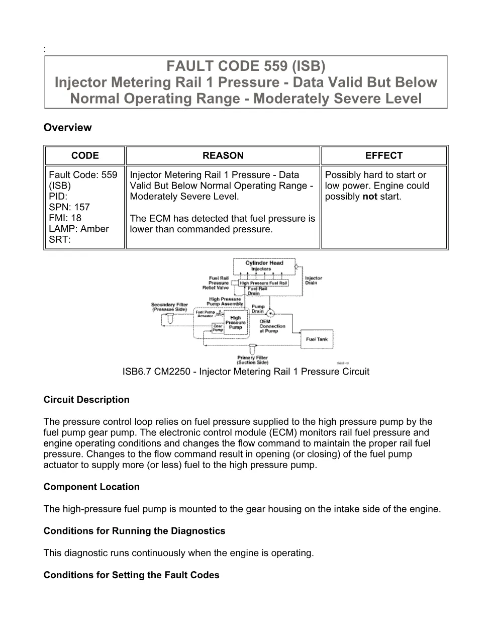 fault code 559 DTCs — Rail 1 Pressure Low — ISX11.9 CM2250 - preview page 2 of 6