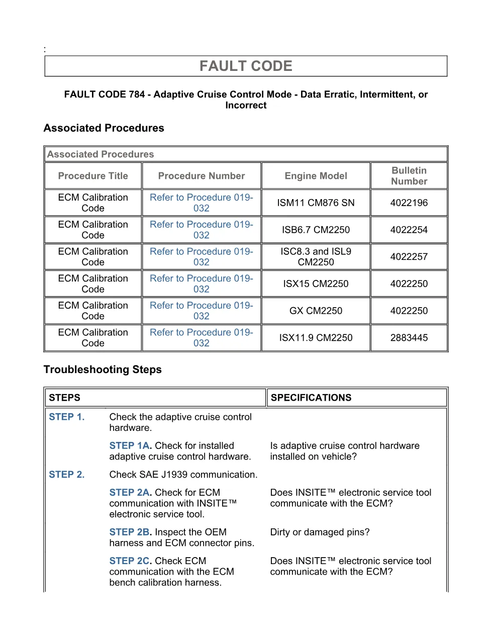 fault code 784 DTCs: Adaptive cruise control mode — ISX11.9 - page 3 is available after signing in
