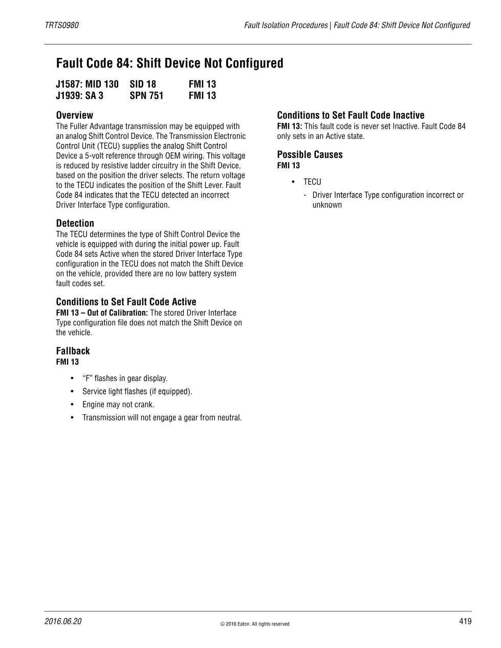 fault code 84 shift: Shift Device Not Configured – Fuller – Eaton - preview page 1 of 2