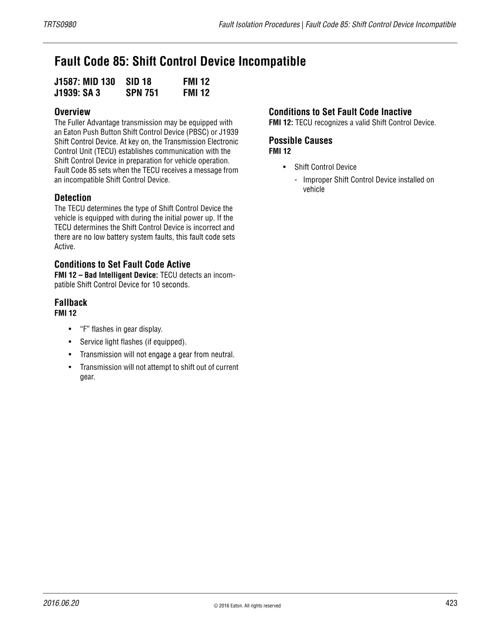 fault code 85 shift: Shift Control Device Incompatible – Fuller - preview page 1 of 2