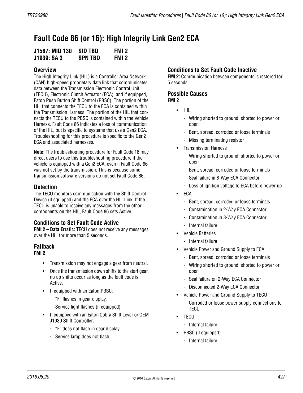 fault code 86 HIL: High Integrity Link Gen2 ECA – Fuller – Eaton - preview page 1 of 5