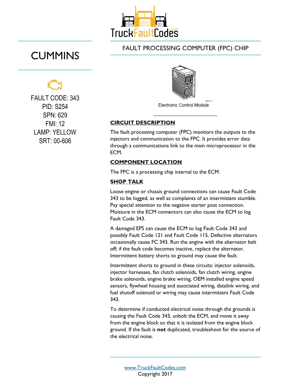 Fault processing computer chip — Cummins Fault Code 343 (S254, - preview page 1 of 5