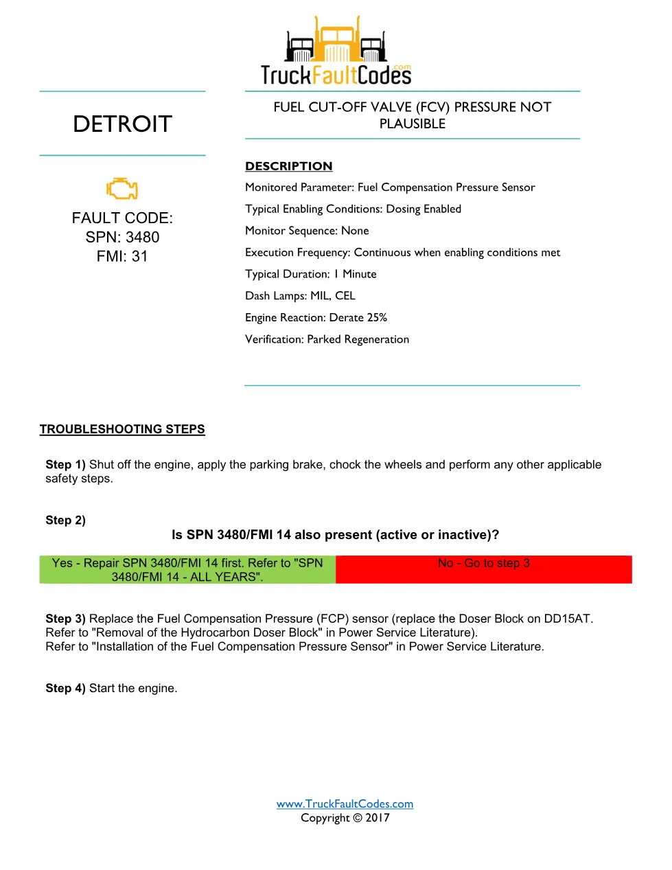 Fuel Compensation Pressure sensor — SPN 3480 FMI 31 — Detroit DD - preview page 1 of 3