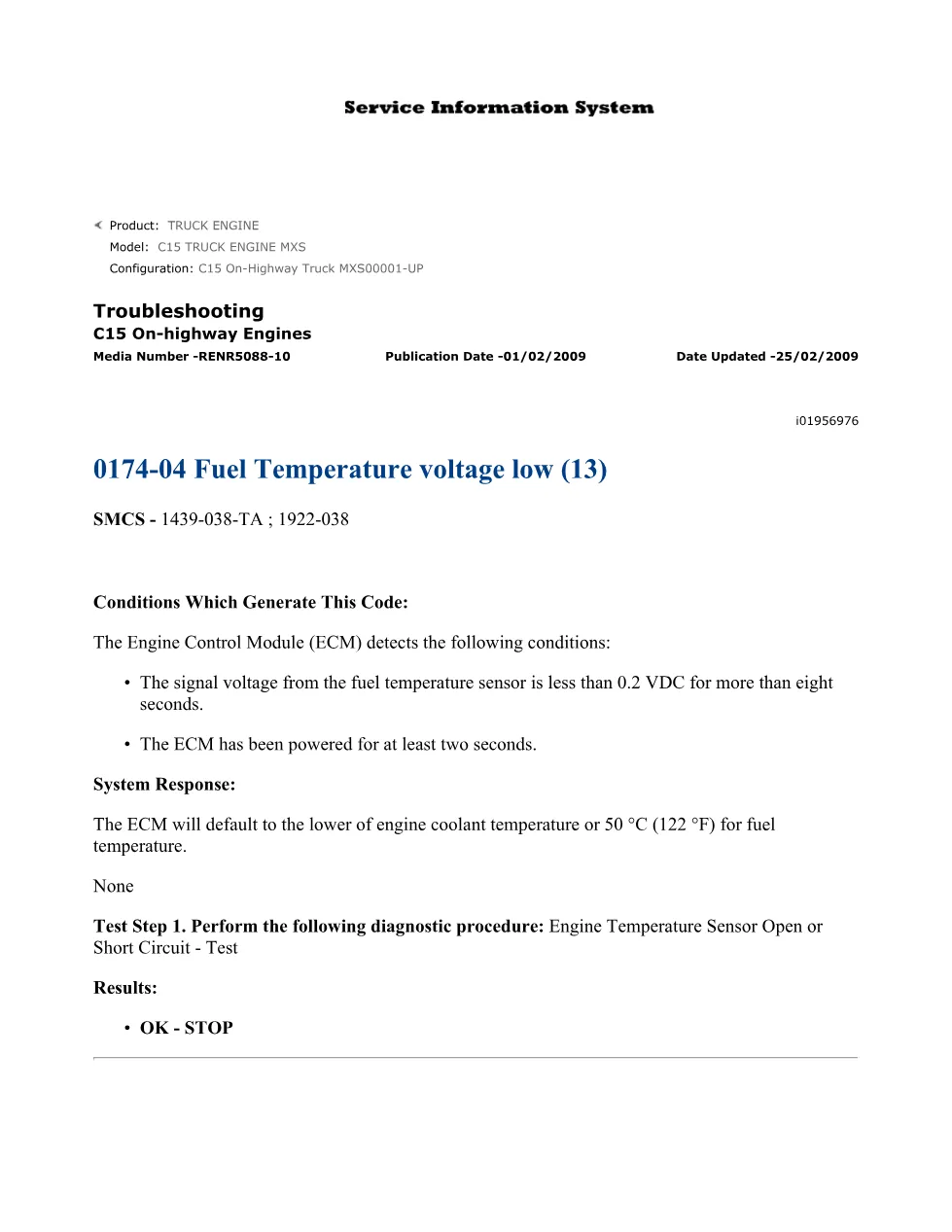 fuel temperature DTCs — Troubleshooting Guide RENR5088-10 - preview page 1 of 3
