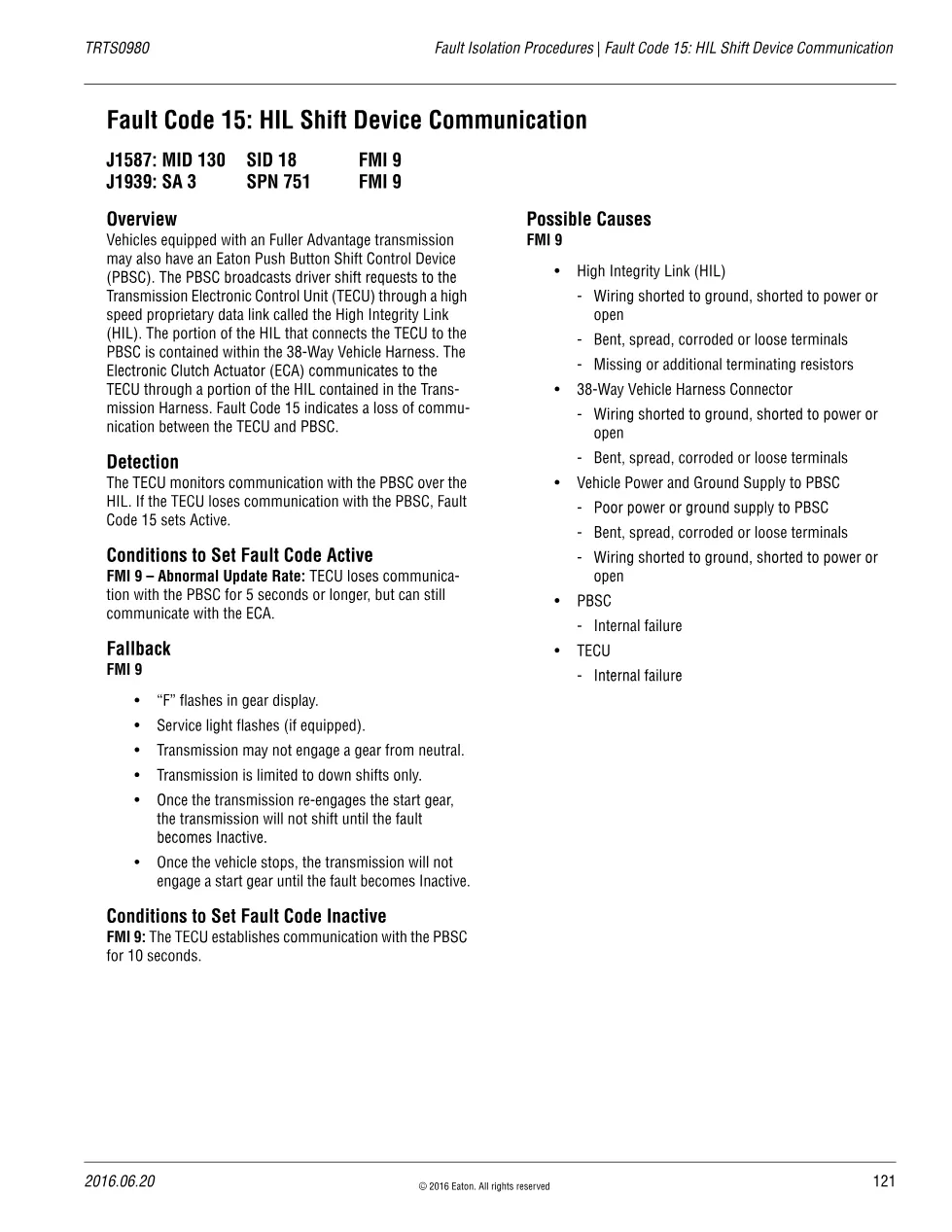 HIL Shift Device Communication — Eaton Fault Code 15, TRTS0980 - preview page 1 of 3