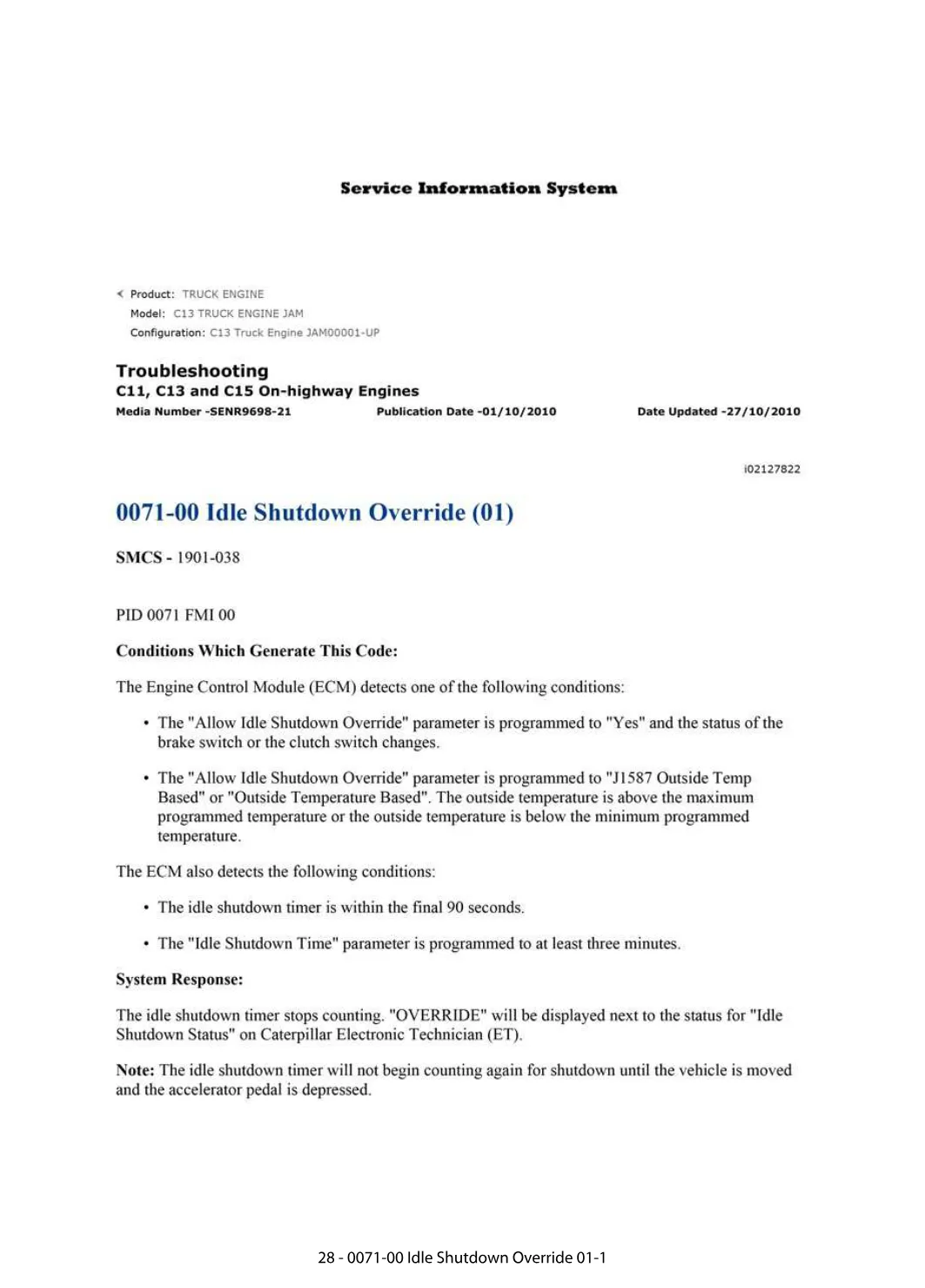 Idle Shutdown Override DTCs — DTC Reference 0071-00 — PDF, 2 Pages - preview page 1 of 2