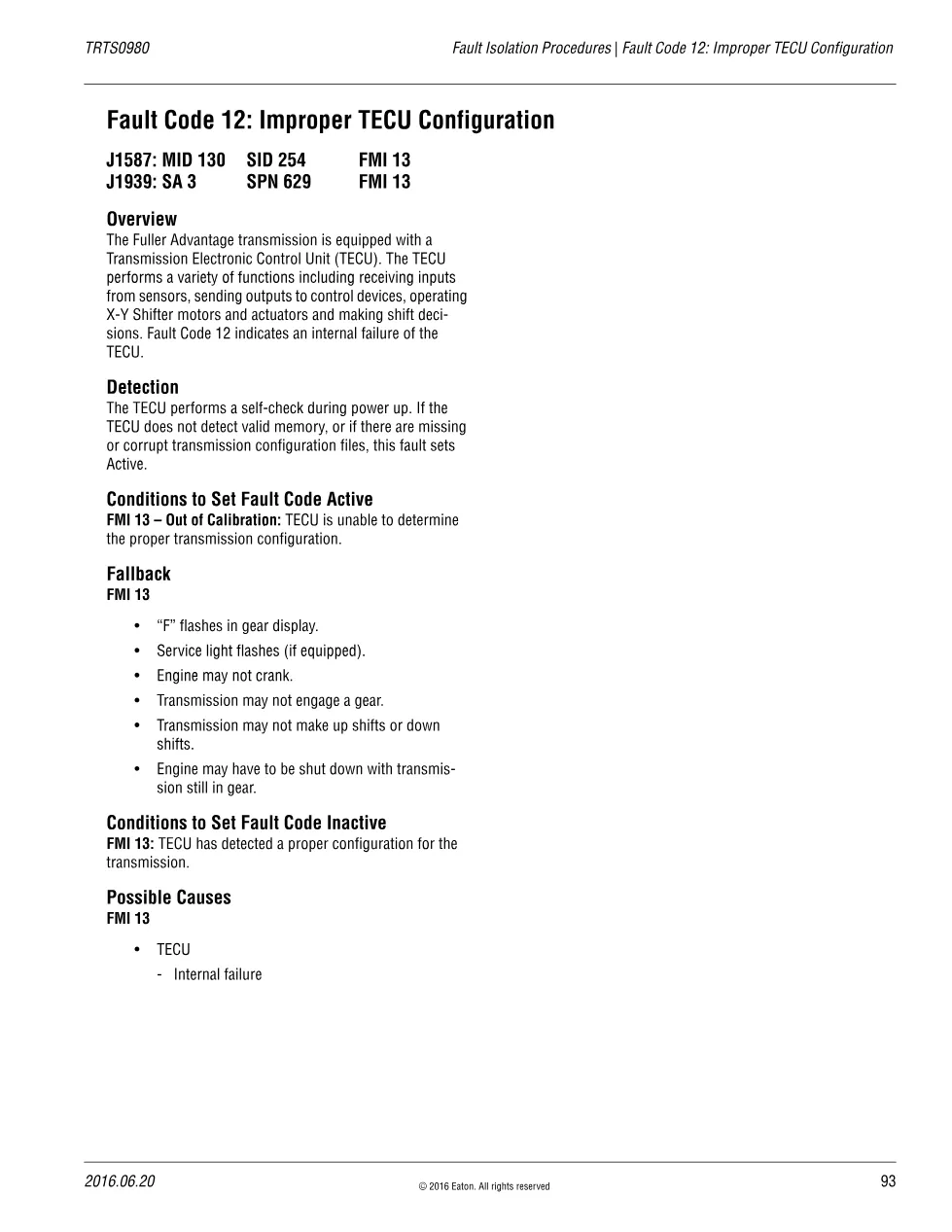 Improper TECU Configuration — Eaton Fault Code 12, TRTS0980 (PDF, - preview page 1 of 2