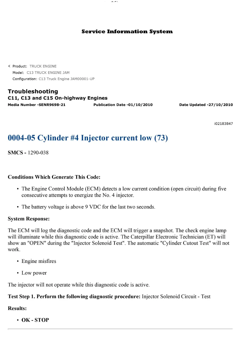 injector current low DTCs — DTC 0004-05 Cylinder #4 — C11 C13 C15 - page 1 is available after signing in