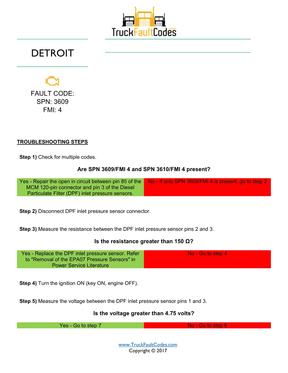 inlet pressure sensor DTCs — Detroit DD Series SPN 3609 FMI 4 - preview page 1 of 2