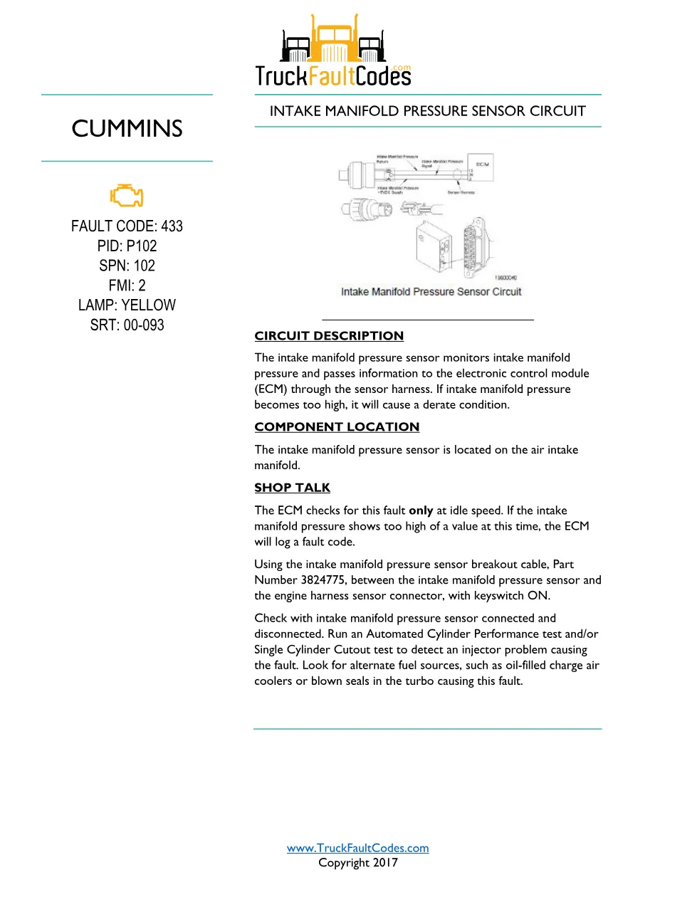 Intake manifold pressure sensor — Cummins Fault Code 433 (P102, - preview page 1 of 6