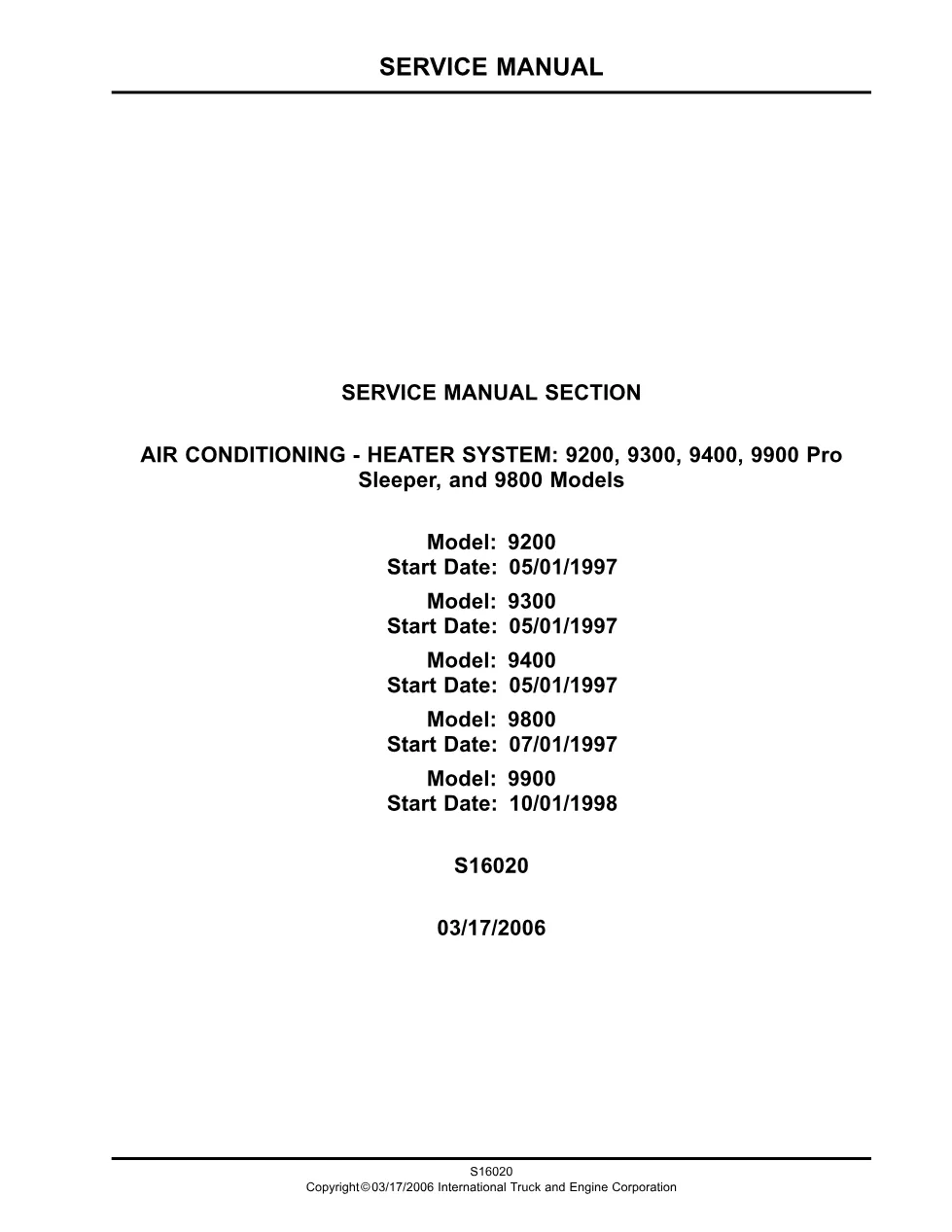 International 9000 HVAC manual S16020 — 9200/9300/9400/9900/9800 - preview page 1 of 6