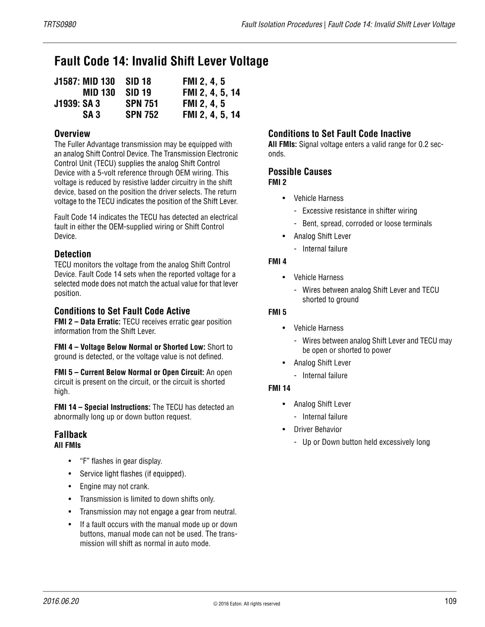 Invalid Shift Lever Voltage — Eaton Fault Code 14, TRTS0980 (PDF, - preview page 1 of 3