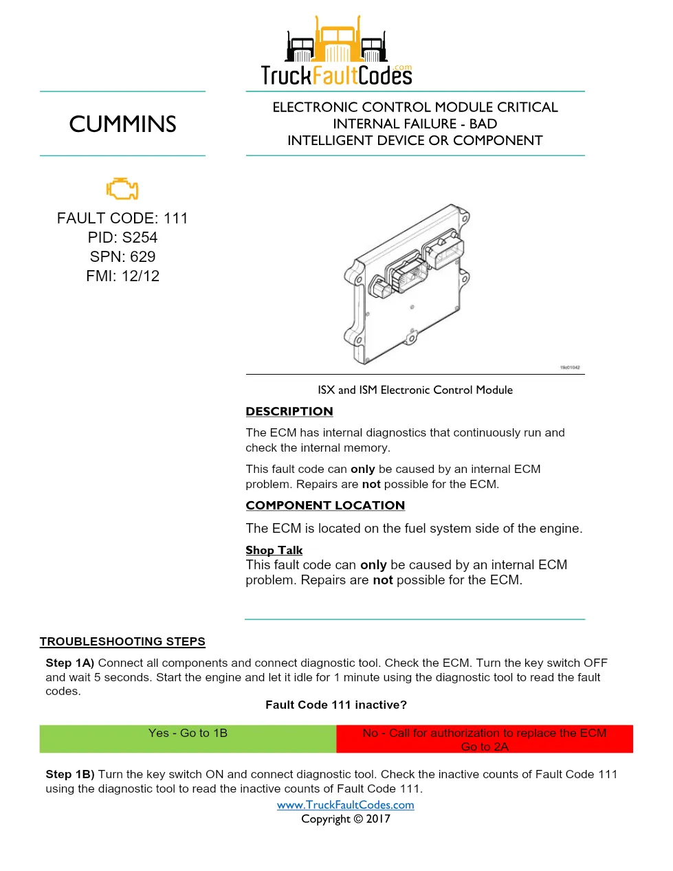 Cummins ISM code 111 – ECM critical internal failure (SPN 629) - preview page 1 of 2