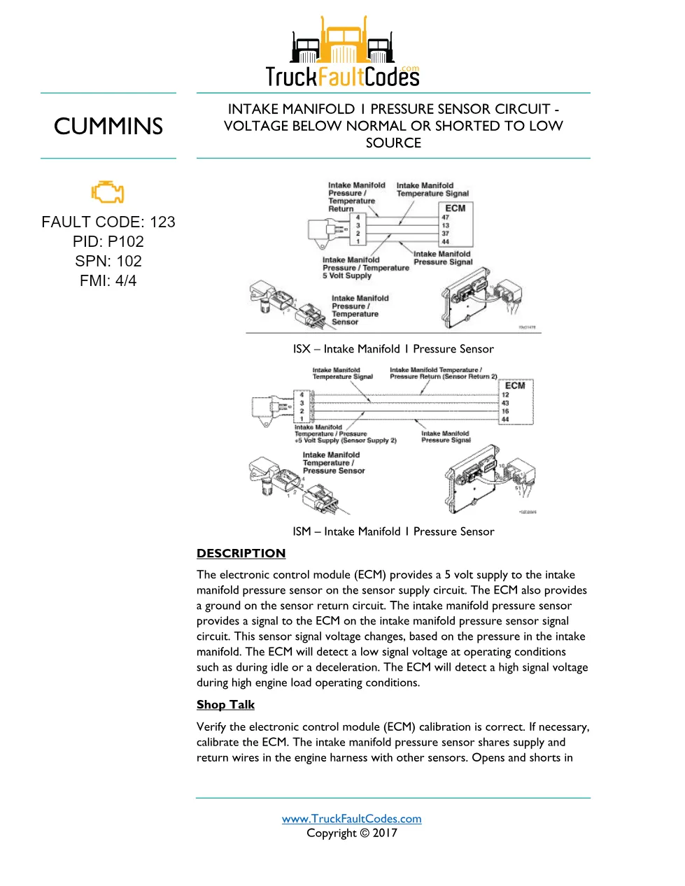 ISM code 123 DTCs — Intake Manifold Pressure Sensor low DTC - preview page 1 of 6