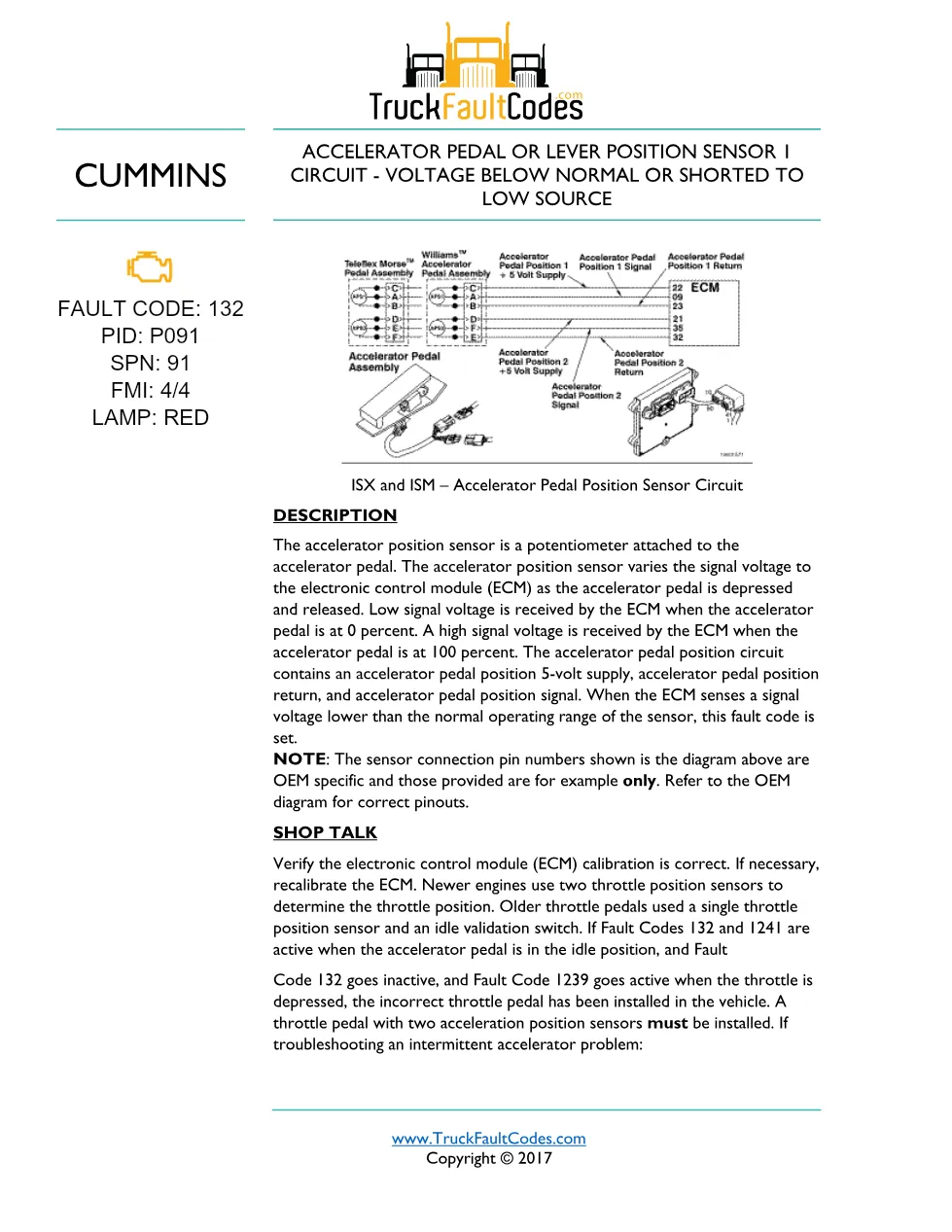 ISM code 132 DTCs accelerator pedal position sensor fault - preview page 1 of 6