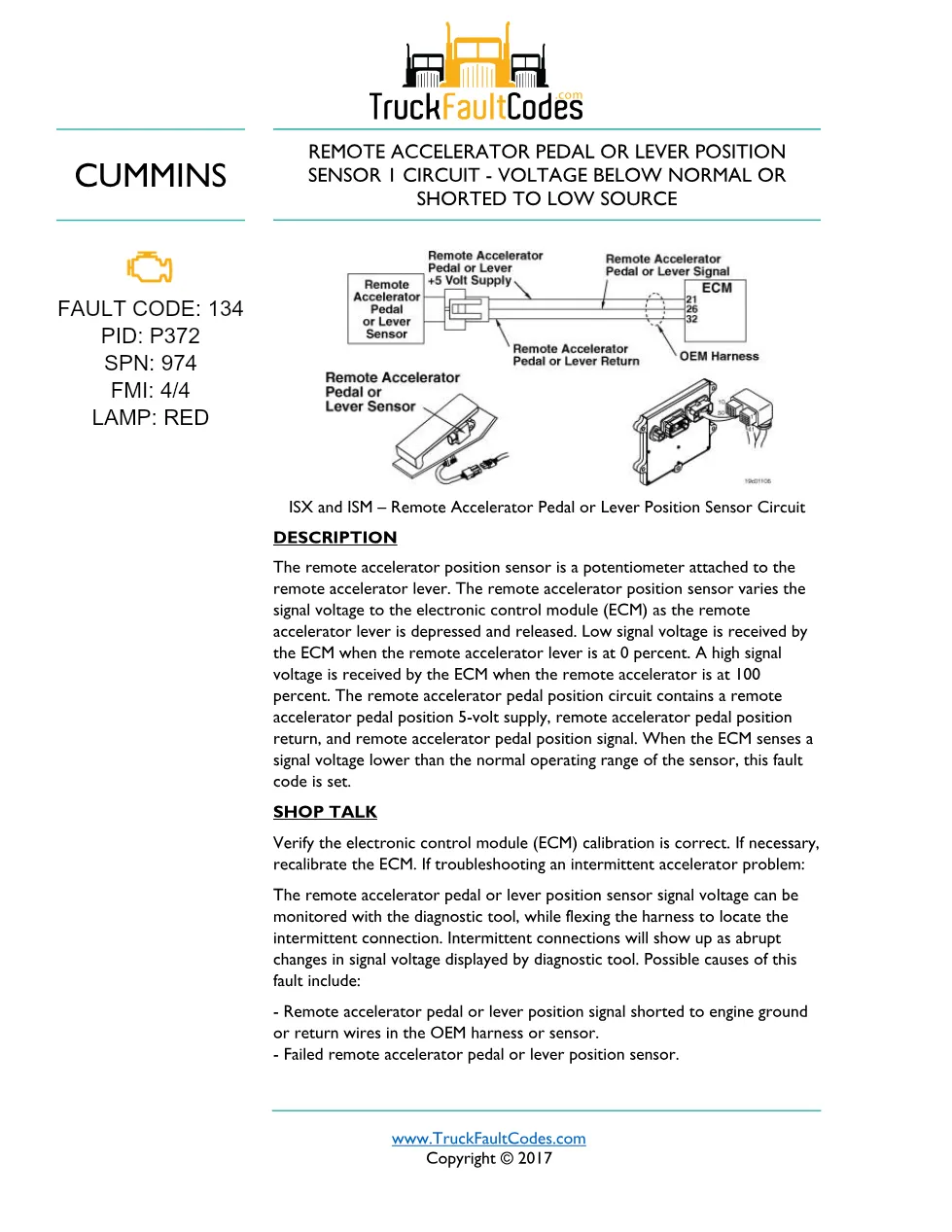 ISM code 134 DTCs remote accelerator position sensor fault - preview page 1 of 6