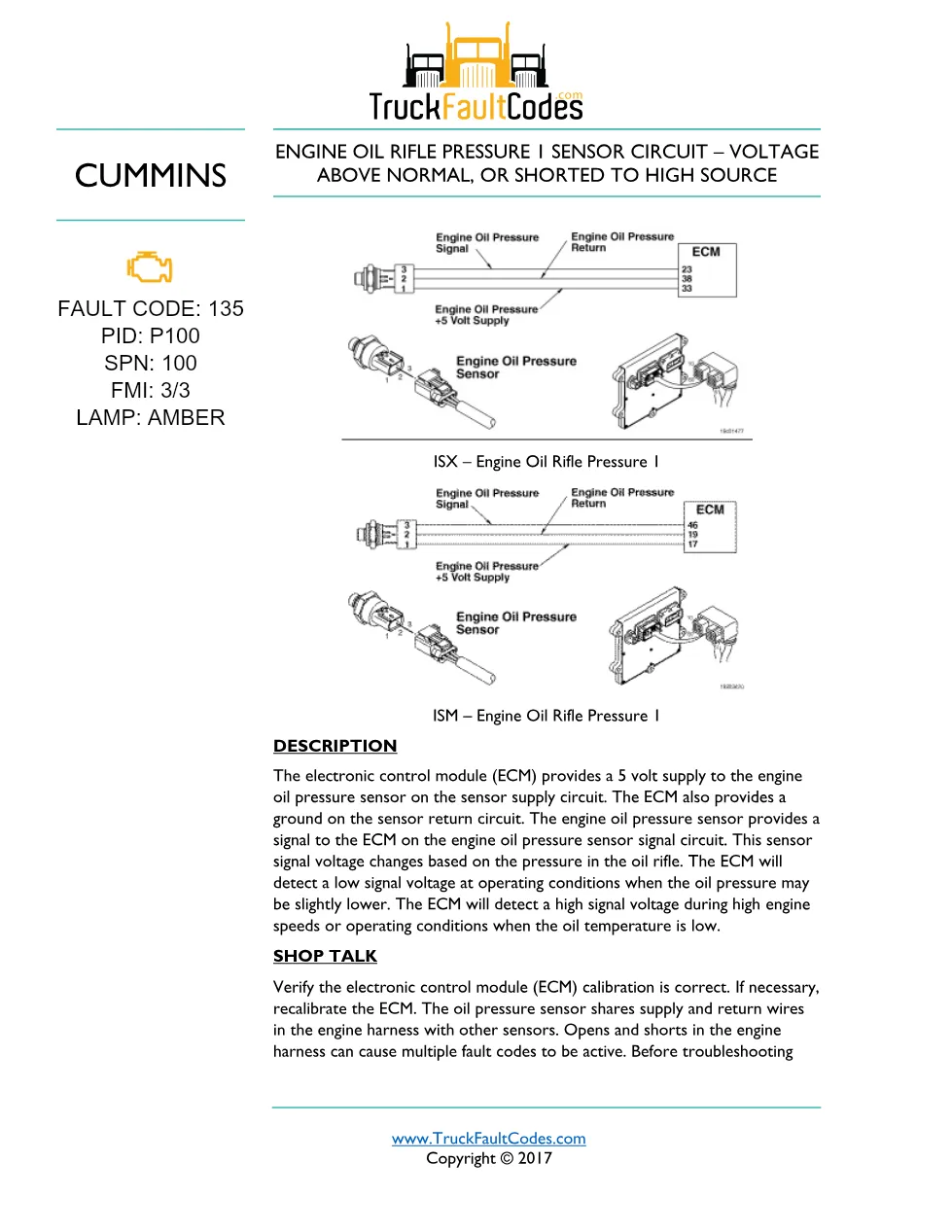 ISM code 135 DTCs — Engine Oil Rifle Pressure Sensor circuit - preview page 1 of 5