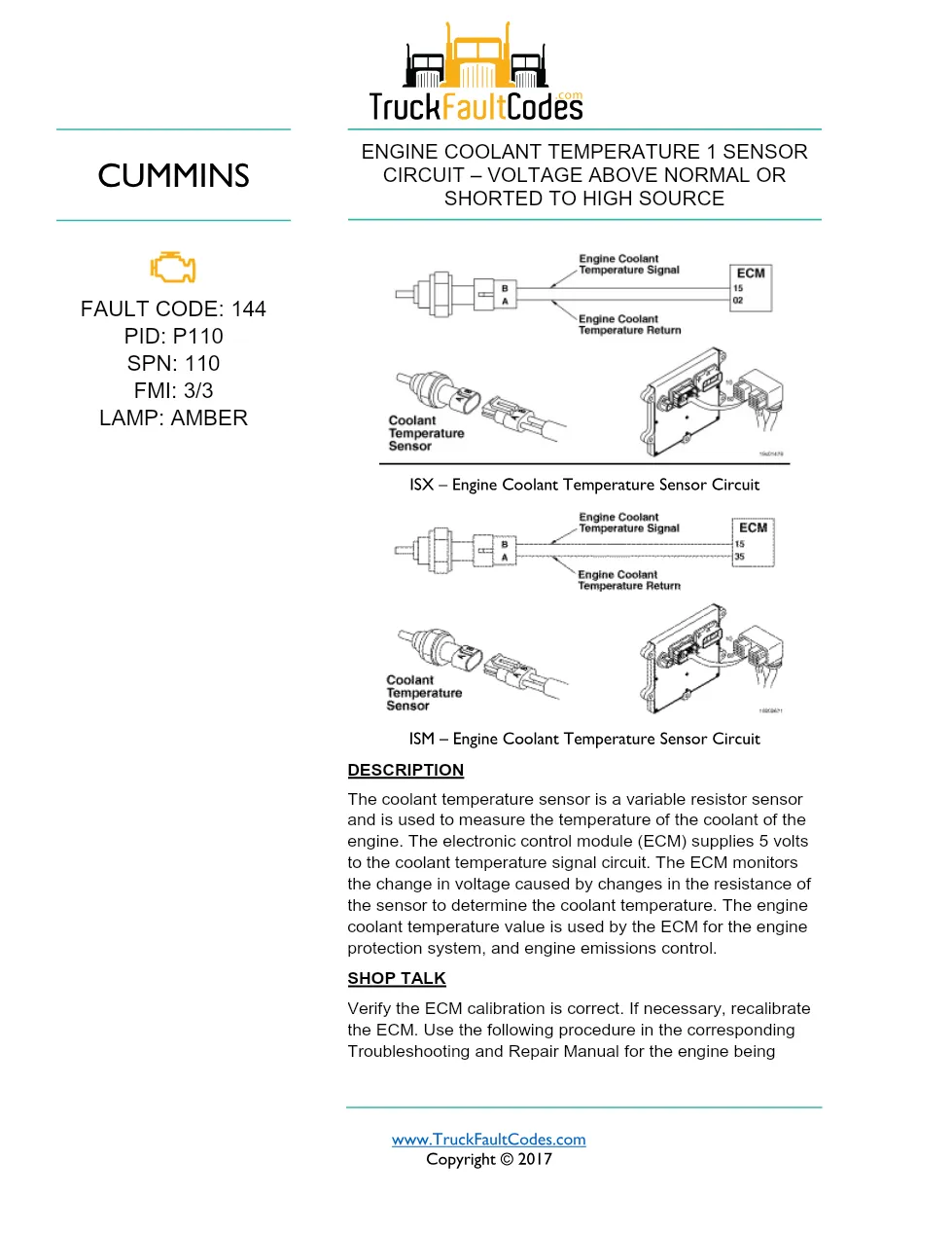 ISM code 144 DTCs engine coolant temperature sensor fault - preview page 1 of 6