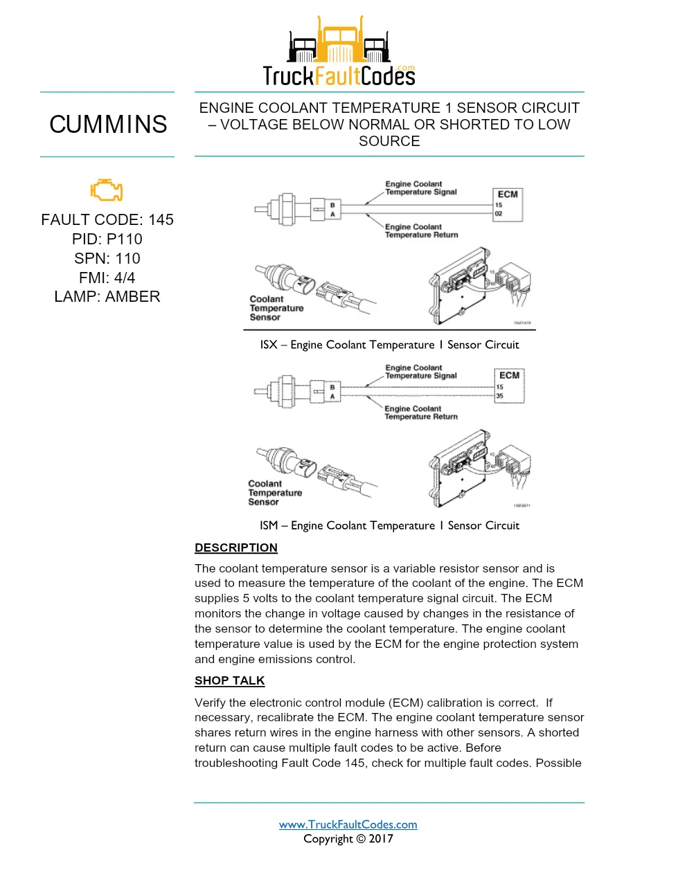 ISM code 145 DTCs engine coolant temperature sensor fault - preview page 1 of 5