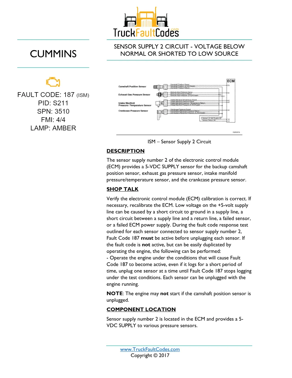 ISM code 187 DTCs sensor supply 2 circuit fault — diagnostic - preview page 1 of 6