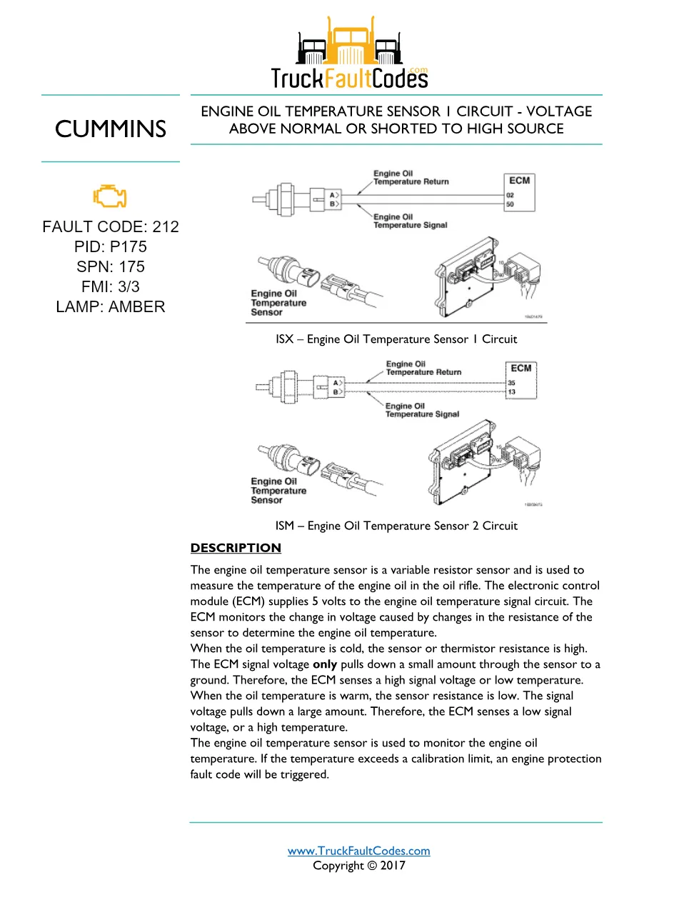 ISM code 212 DTCs engine oil temperature sensor circuit fault - preview page 1 of 6