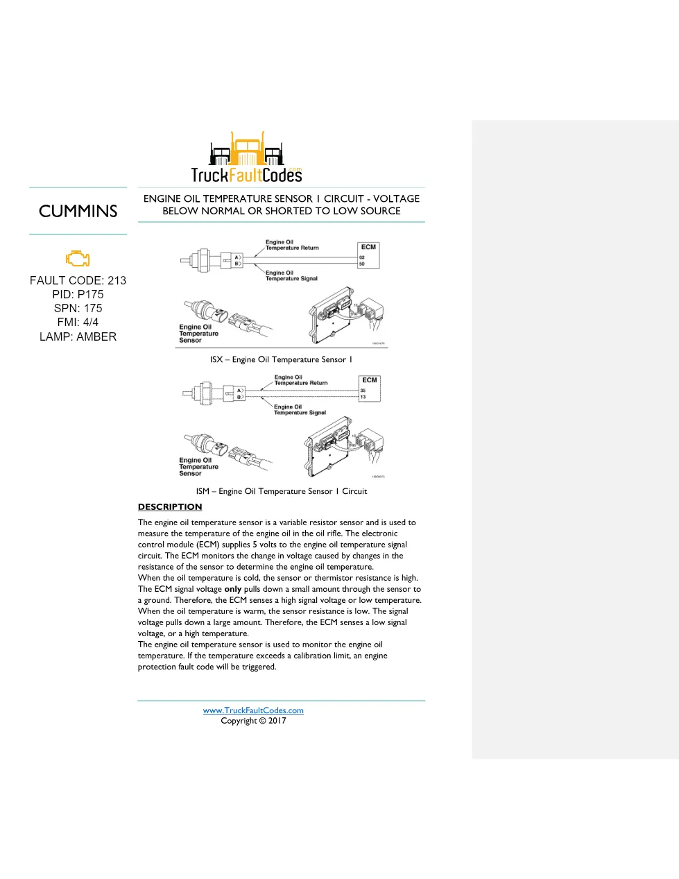 ISM code 213 DTCs engine oil temperature sensor circuit fault - preview page 1 of 5