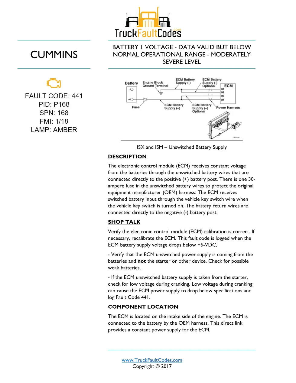 ISM code 441 DTCs — Lamp: Amber Battery 1 Voltage – Data Valid - preview page 1 of 5