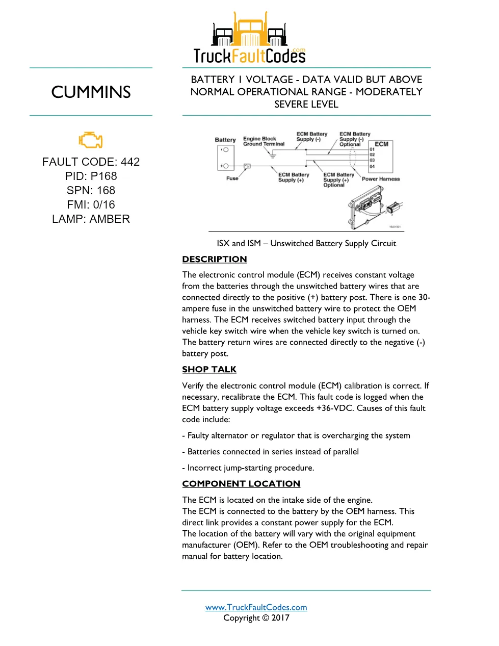 ISM code 442 DTCs — Lamp: Amber Battery 1 Voltage – Data Valid - preview page 1 of 3