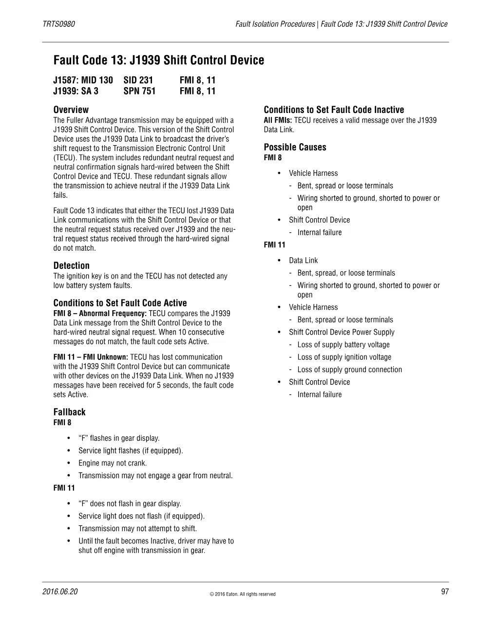 J1939 Shift Control Device — Eaton Fault Code 13, TRTS0980 (PDF, - preview page 1 of 3