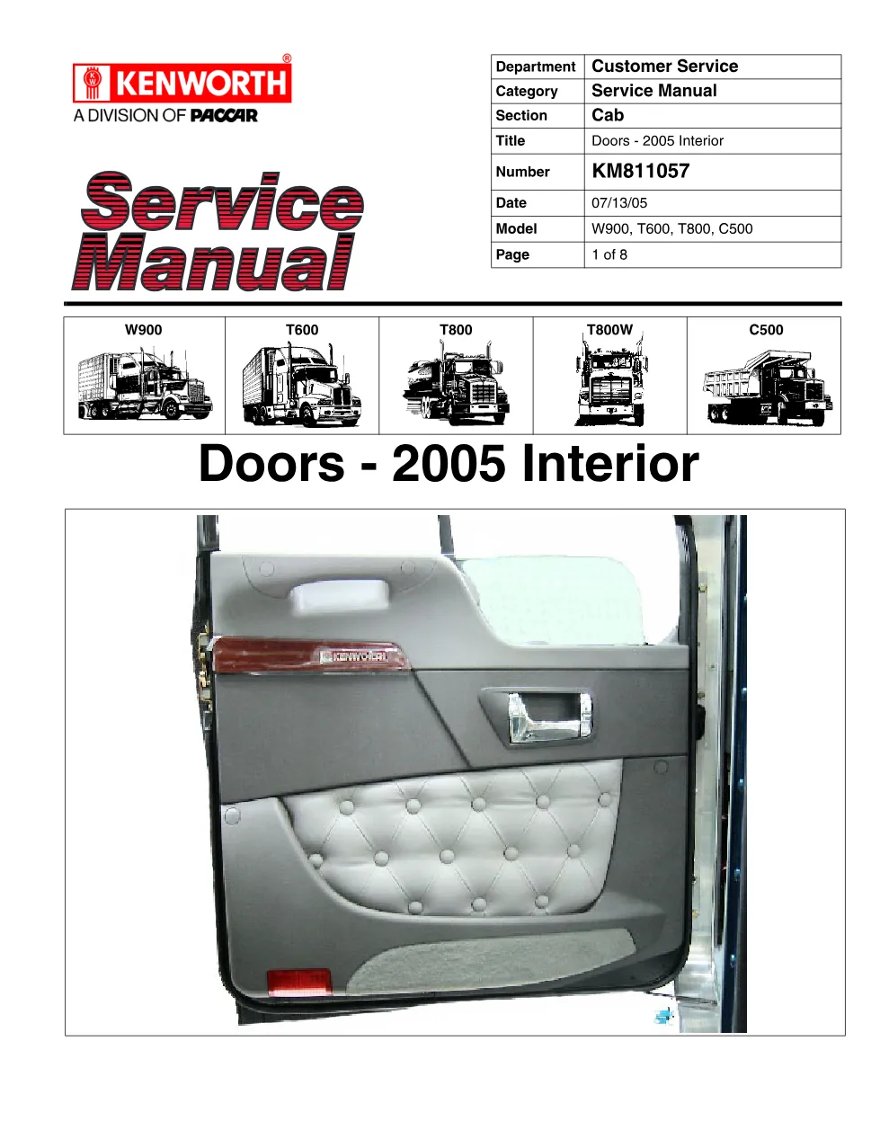 Kenworth door service manual KM811057 for 2005 interior – 8 pages - preview page 1 of 6