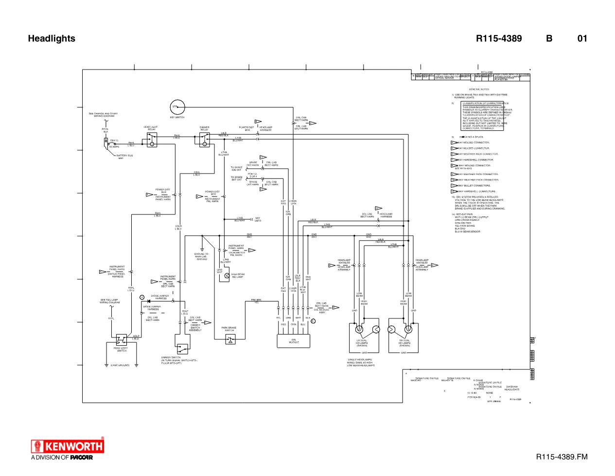 Kenworth headlights with DRL wiring diagram R115-4389 for T600 - page 1 is available after signing in