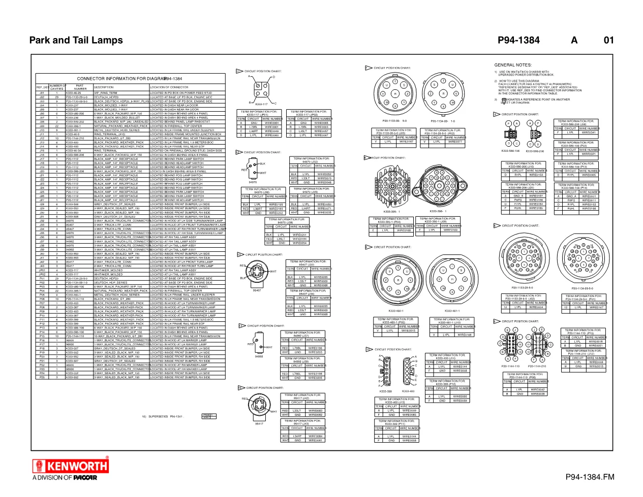 Park and tail lamps wiring connector chart P94-1384 for Kenworth - preview page 1 of 2