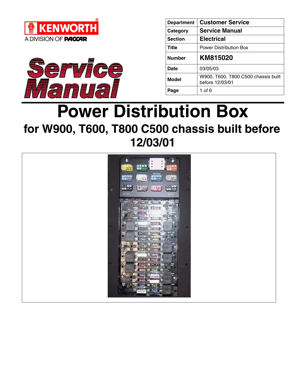 Kenworth Power Distribution Box service manual KM815020 (chassis - preview page 1 of 6