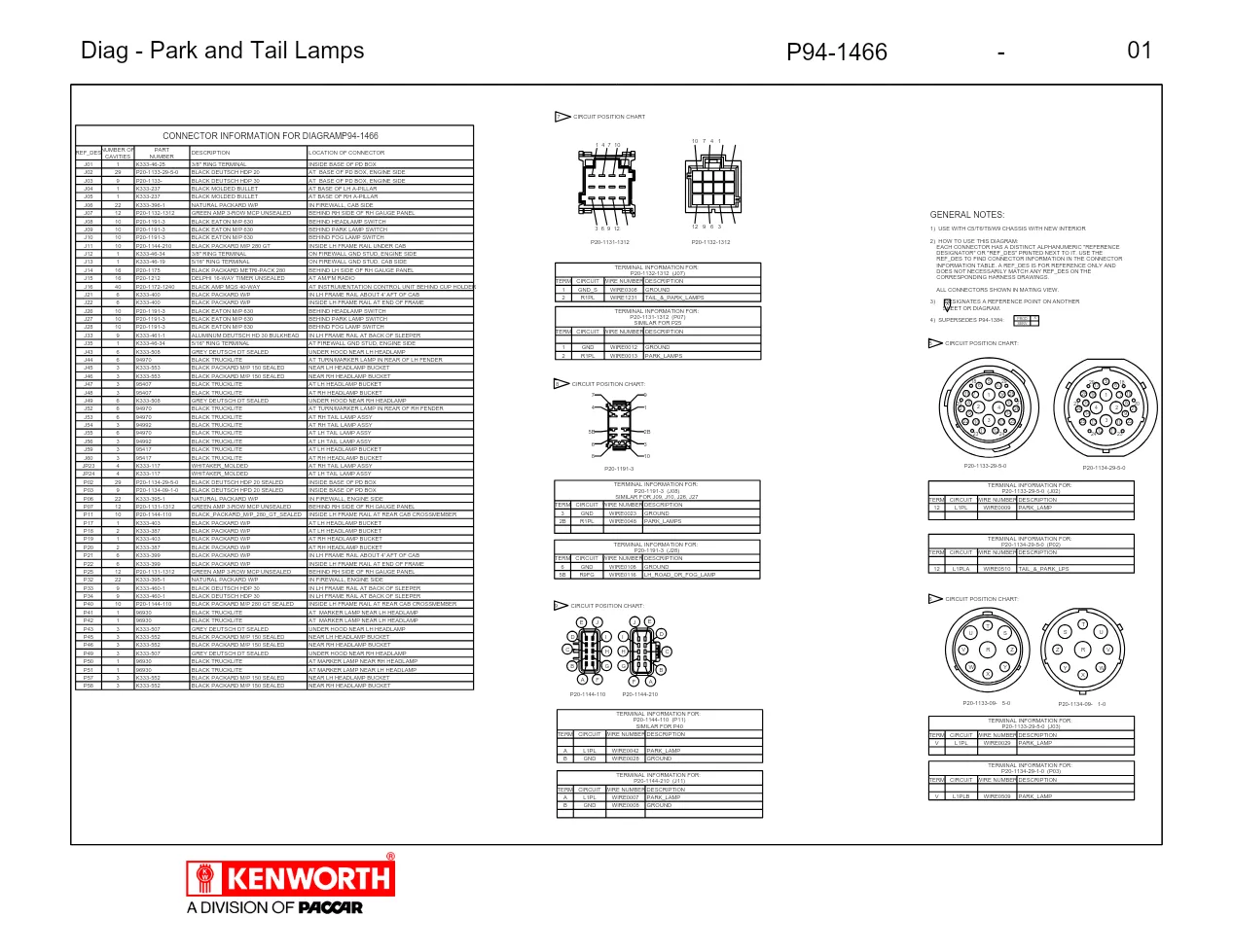 Kenworth tail lamp wiring connector chart P94-1466 (new interior) - preview page 1 of 2