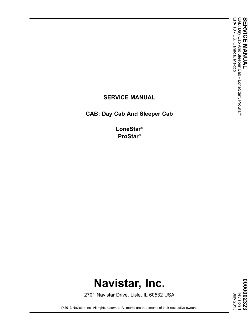 LoneStar cab service manual — International Day Cab and Sleeper - preview page 1 of 6