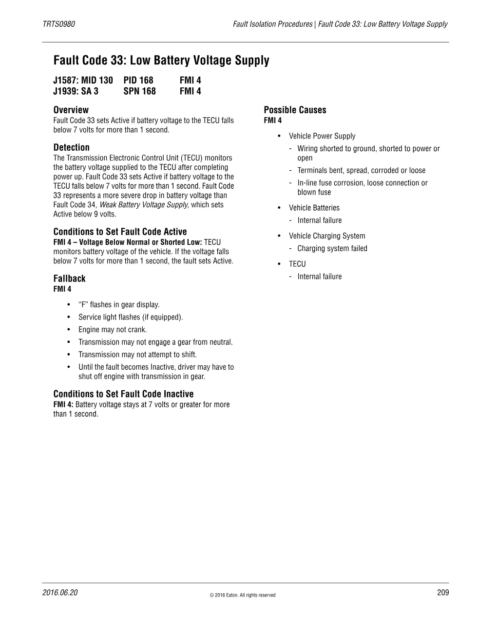 Low Battery Voltage Supply — Eaton Fault Code 33, TRTS0980 (PDF, - preview page 1 of 2