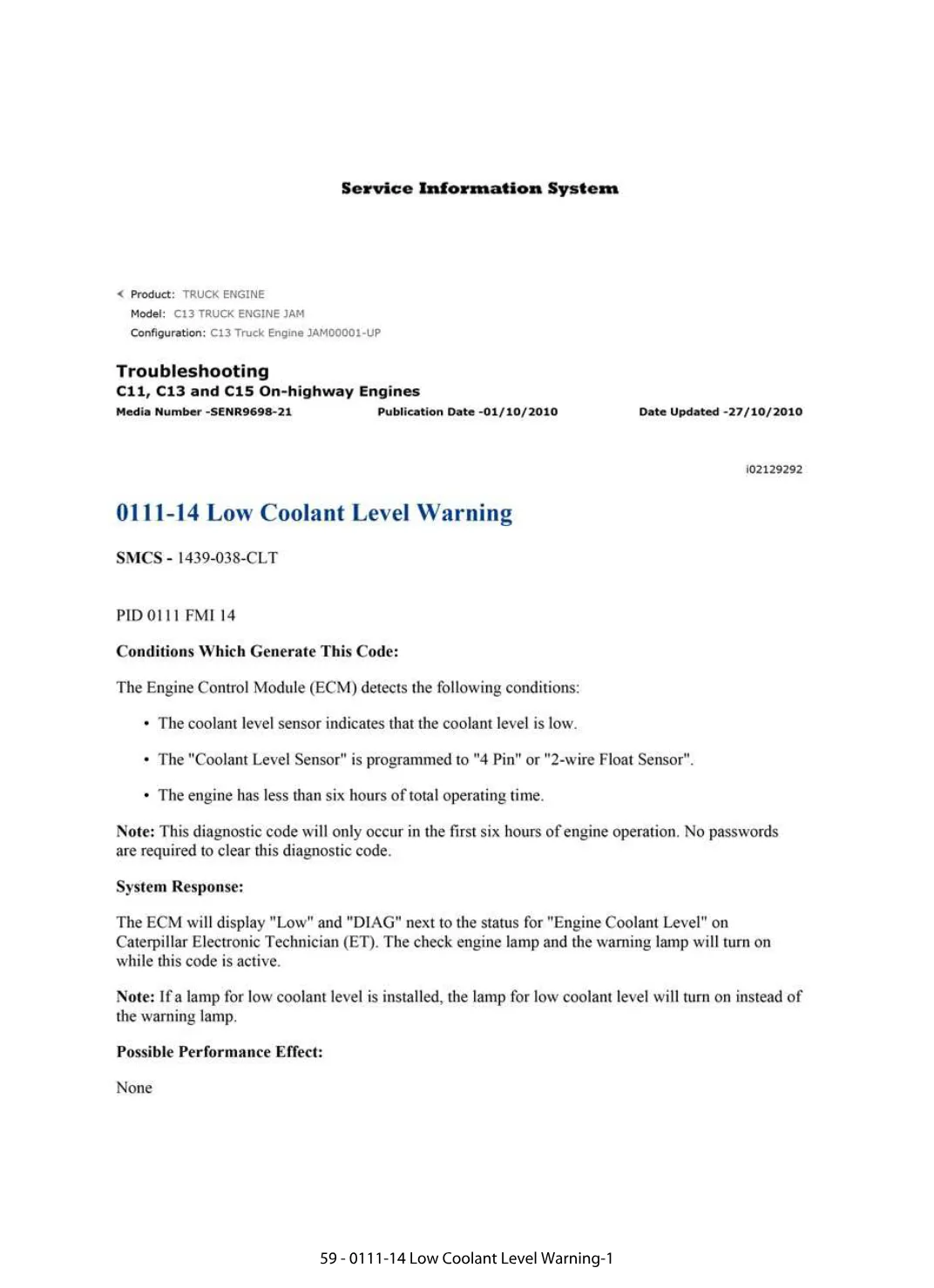 low coolant warning DTCs — DTC 0111-14 Diagnostic Guide — C11 C13 - preview page 1 of 3