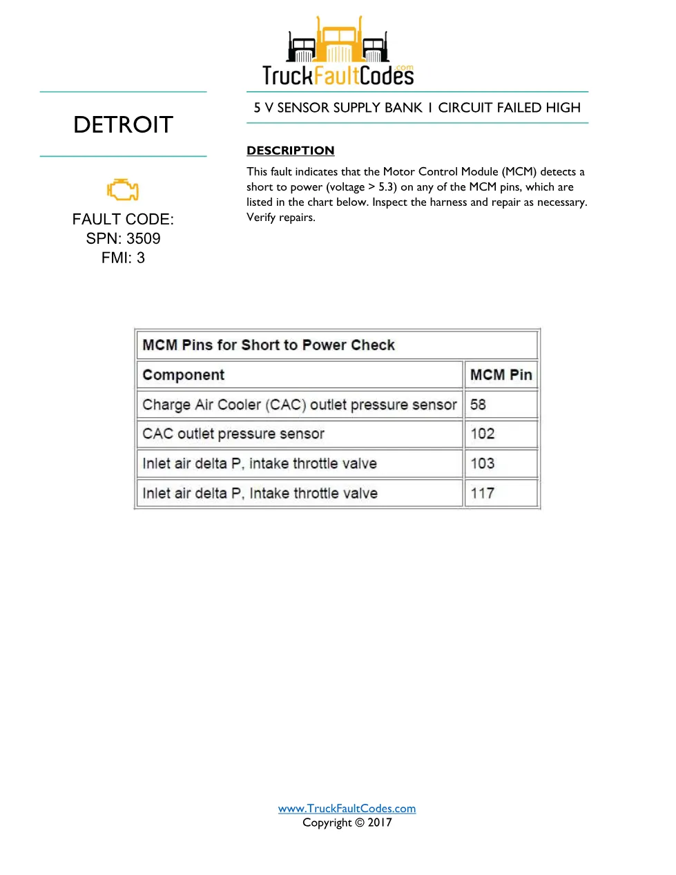MCM 5V sensor supply — SPN 3509 FMI 3 — Detroit DD Series (EPA - page 1 is available after signing in