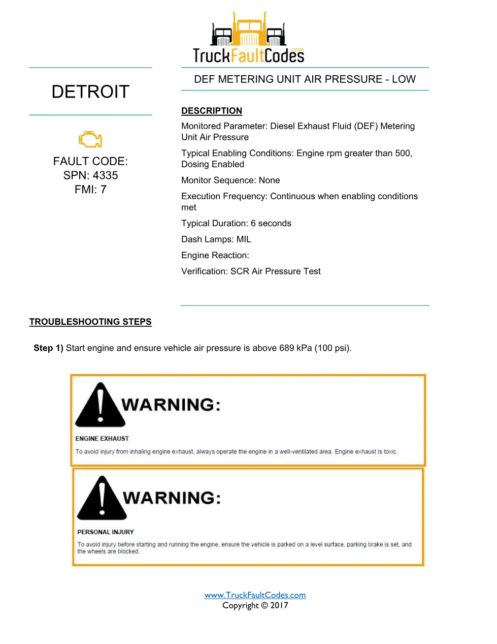 Metering unit air pressure low — Detroit SPN 4335 FMI 7 EPA10 - preview page 1 of 6