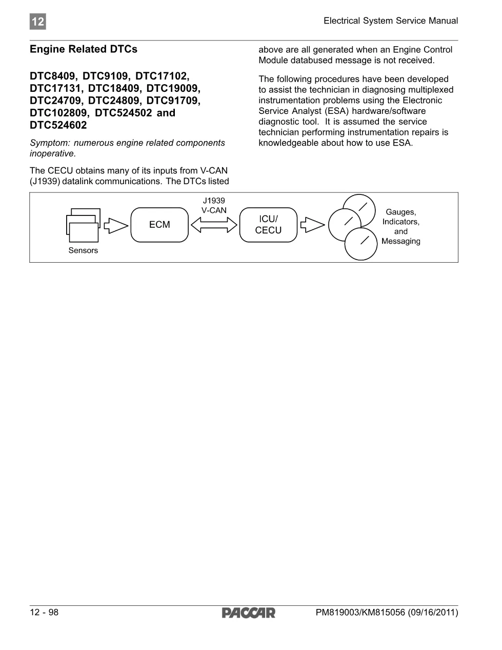 PACCAR engine DTC diagnostic procedure — Electrical System Service - preview page 1 of 2