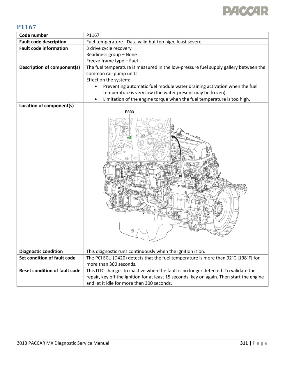 PACCAR MX fuel temperature P1167 — 2013 EPA Diagnostic Service - preview page 1 of 4