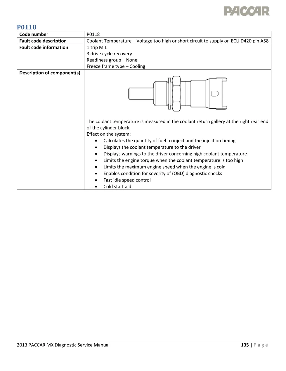 PACCAR MX P0118 coolant temperature high voltage – 2013 PACCAR MX - preview page 1 of 5