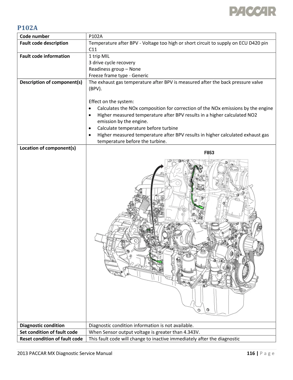 PACCAR MX P102A — Temperature after BPV, voltage too high — MX - preview page 1 of 4